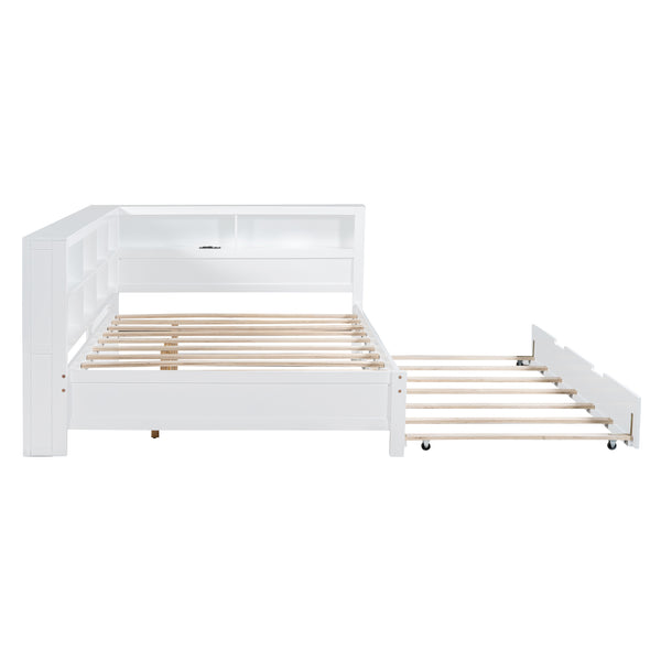 English Elm Wooden Full Size DayBed with Trundle, Pine Frame, Dual Storage Shelf and Built-in USB Charging Ports White 80 L x 13.8 W x 7.5 H N733S347731K
