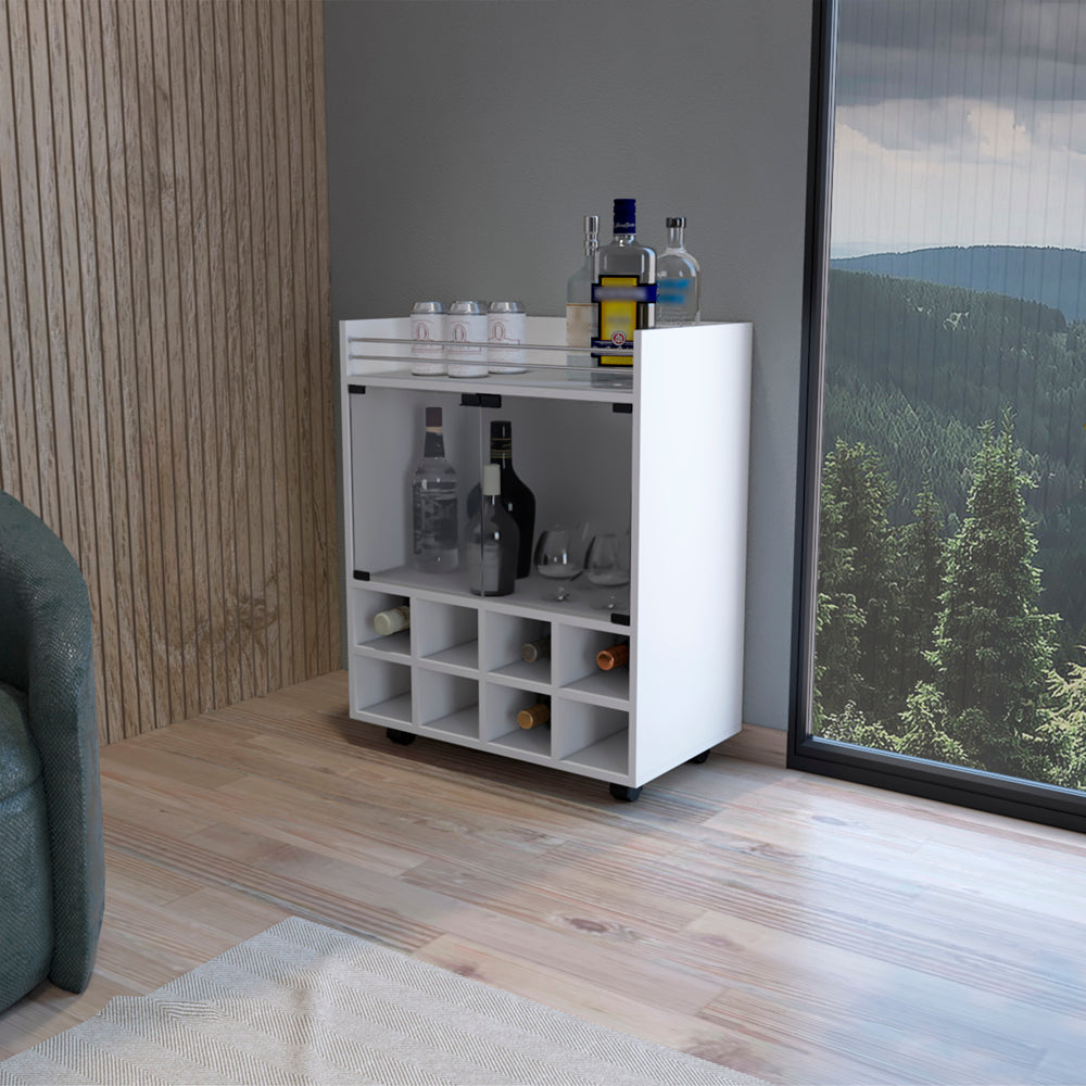 English Elm Bar Cart Philadelphia White with 8-Slot Bottle Rack, Double Glass Door & Aluminum Top on Casters —stylish mobile bar 93 B092142793