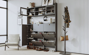 English Elm Black Hall Tree Foyer Cabinet Flip Shoe Storage Tempered Glass Hooks Shelf SD000028AAB