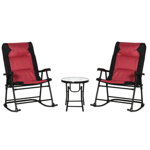 English Elm 3 Piece Outdoor Patio Furniture Set - Red Folding Bistro with Padded Rocking Chairs & Tempered Glass Table, Portable Comfort for Porch, Camping, Balcony W2225142471