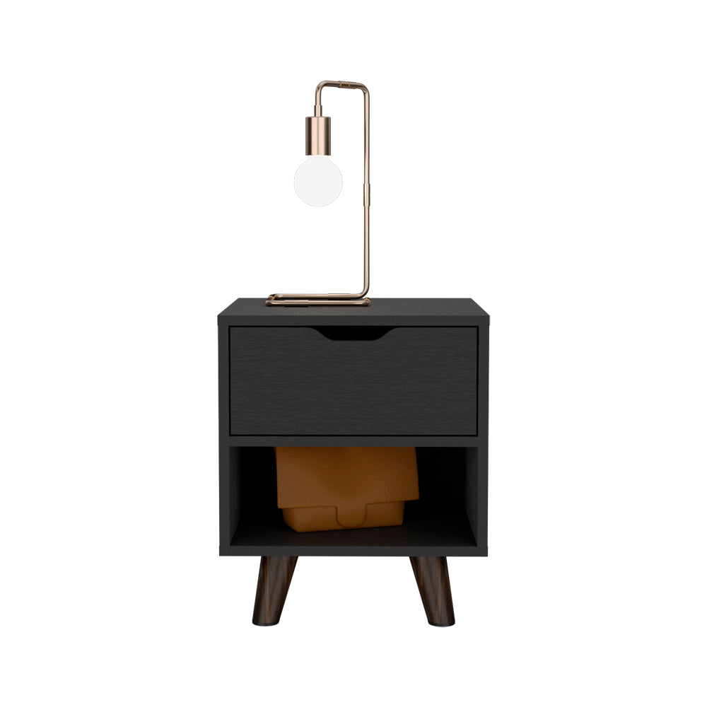 English Elm Nightstand Carleen Black — Engineered Wood Nightstand with Display Shelf, Spacious Drawer, Stylish Legs B092142792