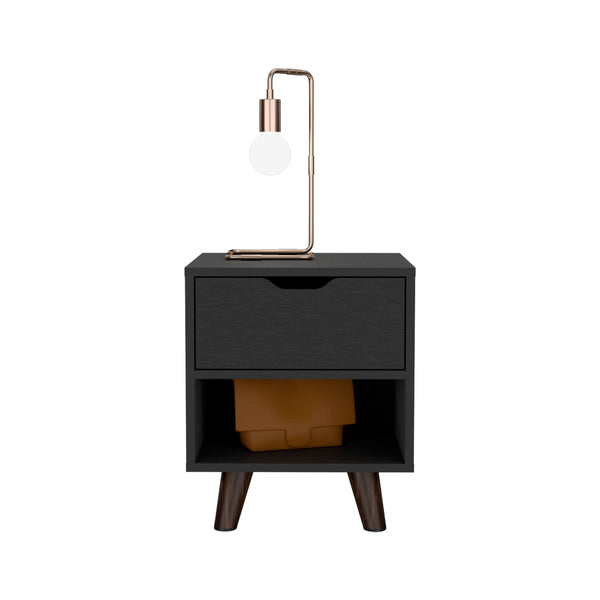 English Elm Nightstand Carleen Black — Engineered Wood Nightstand with Display Shelf, Spacious Drawer, Stylish Legs B092142792