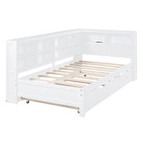 English Elm Wooden Twin Size Daybed With Twin Trundle, Daybed With Storage Shelf and Usb Charging Ports,White