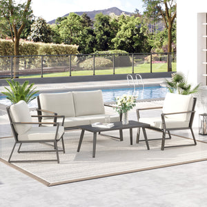 English Elm 4 Piece Patio Furniture Set - Cream White Aluminum Conversation Set with Widened Seats, Cushions, Wood-Trim Table W2225142491