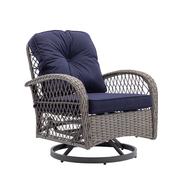 English Elm 3 Pieces Outdoor Swivel Rocker Patio Chairs Set with 360° Rotation, Tempered Glass Table & Plush Cushions Navy Blue W640142463