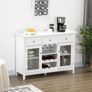 English Elm Coffee Bar Cabinet with Glass Doors, 3 Drawers, 6-Bottle Rack, Stemware Storage, White Sideboard W2225S00025