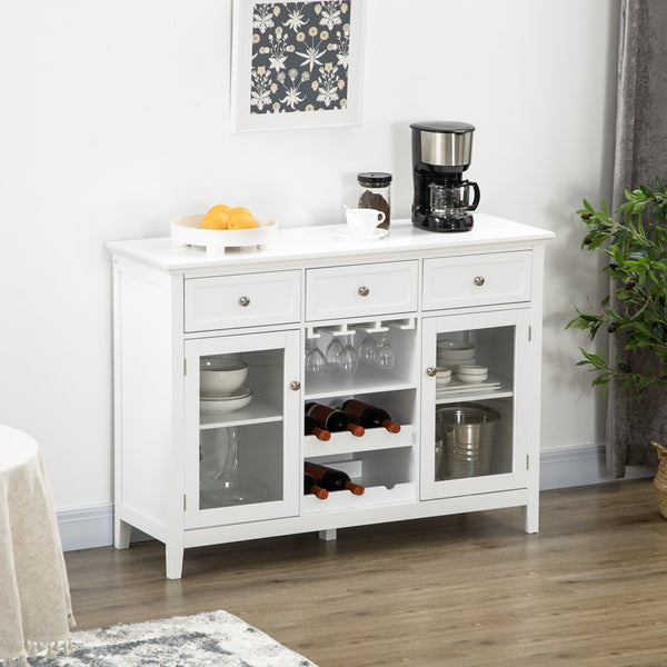 English Elm Coffee Bar Cabinet with Glass Doors, 3 Drawers, 6-Bottle Rack, Stemware Storage, White Sideboard W2225S00025