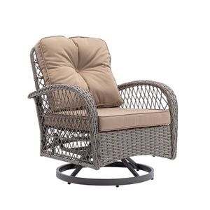 English Elm 3 Pieces Outdoor Swivel Rocker Patio Chairs Set with 360° Rotation, Tempered Glass Table & Plush Cushions khaki W640142462