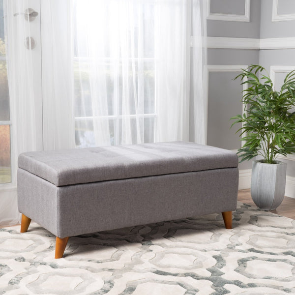 English Elm Storage Ottoman Bench with Lift Top Grey Upholstered Rolled Arm Traditional Style 74491.00GRY