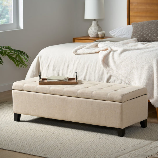 English Elm Storage Ottoman Bench with Button Tufted Waffle Lid for Bedroom or Living Room 68087.00DBGELNN