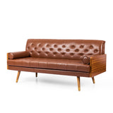 Christopher Knight Home® - Noble House - Barnard Mid-Century Modern Tufted Sofa with Rolled Accent Pillows, Cognac Brown, Dark Walnut, and Gold