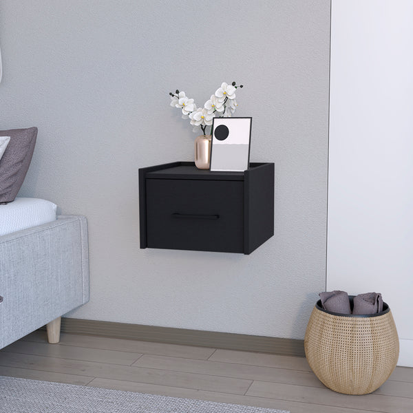 English Elm Floating Nightstand Calion Wall-Mounted Black — Space-Saving Engineered Wood, Drawer Storage, Sleek Handle, Modern Finish B092142807
