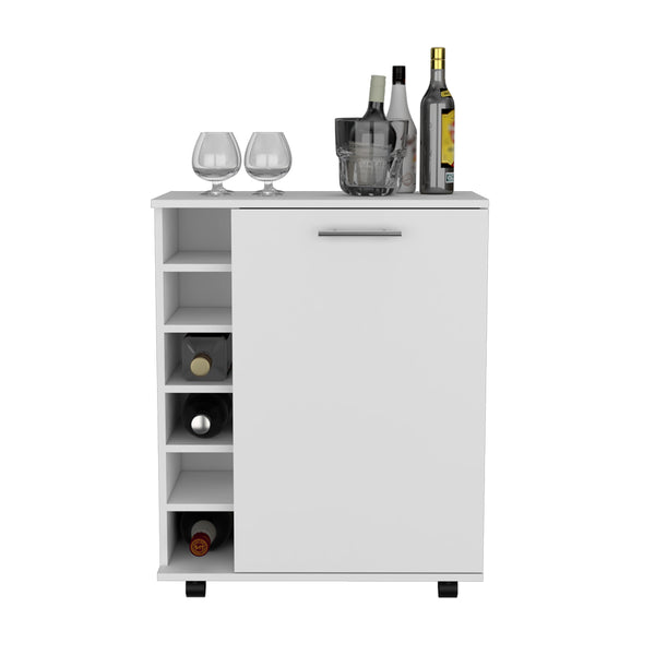 English Elm Bar Cart Cisco White Engineered Wood with 6-Bottle Rack, Spacious Cabinet, Serving Top & Casters for Entertaining B092142798