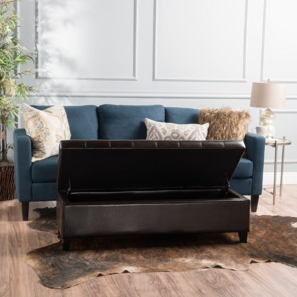 English Elm Storage Ottoman Bench with Button Tufted Waffle Lid for Bedroom or Living Room 68087.00PUCHOCBRN