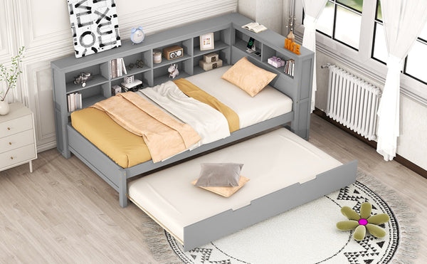 English Elm Wooden Twin Daybed with Trundle Storage Shelf and Usb Ports for Guest Rooms HL000074AAG