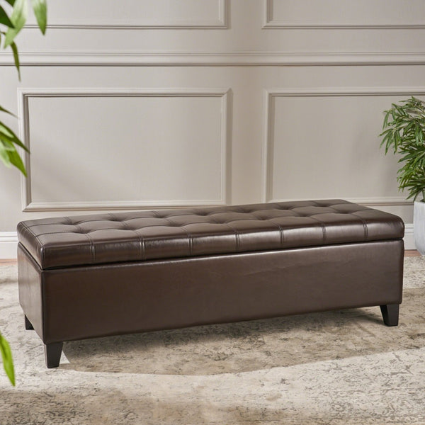 English Elm Storage Ottoman Bench with Button Tufted Waffle Lid for Bedroom or Living Room 68087.00PUCHOCBRN