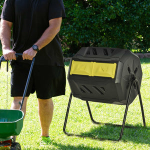 English Elm Tumbling Dual Chamber Outdoor Composter Rotating 43 Gallon Steel Frame Garden Bin W2225142616