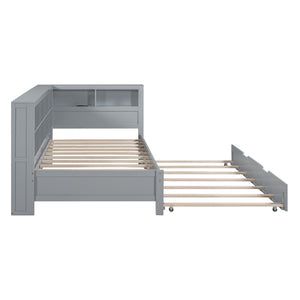 English Elm Wooden Twin Daybed with Trundle Storage Shelf and Usb Ports for Guest Rooms HL000074AAG