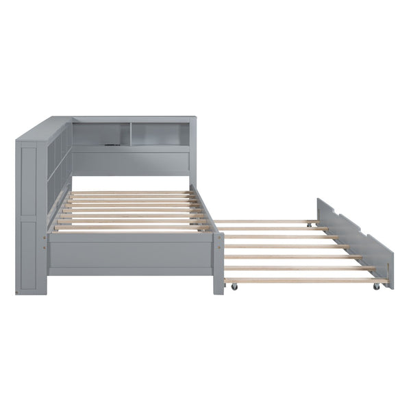 English Elm Wooden Twin Daybed with Trundle Storage Shelf and Usb Ports for Guest Rooms HL000074AAG