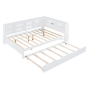 English Elm Wooden Full Size DayBed with Trundle, Pine Frame, Dual Storage Shelf and Built-in USB Charging Ports White 80 L x 13.8 W x 7.5 H N733S347731K