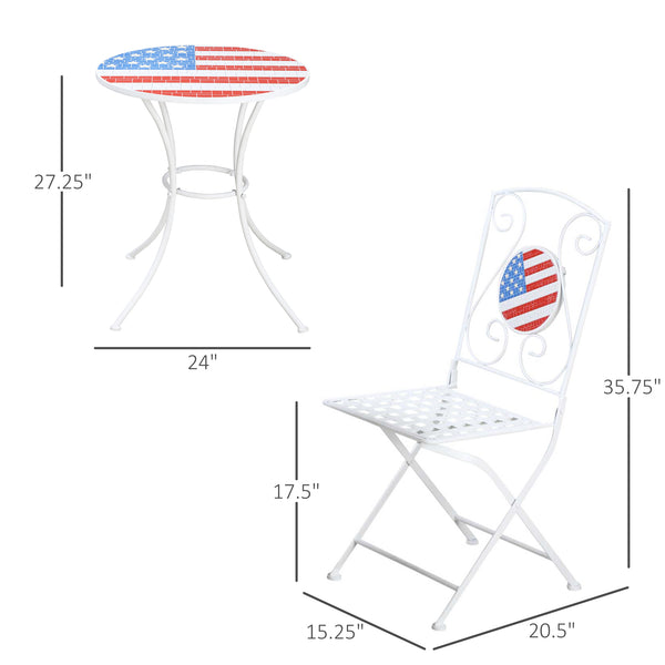 English Elm 3 Piece Patio Bistro Set Patriotic Folding Outdoor Furniture with USA Mosaic Table, Durable Metal Frames W2225142611
