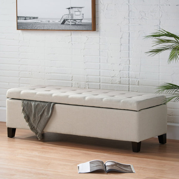English Elm Storage Ottoman Bench with Button Tufted Waffle Lid for Bedroom or Living Room 68087.00DBGELNN