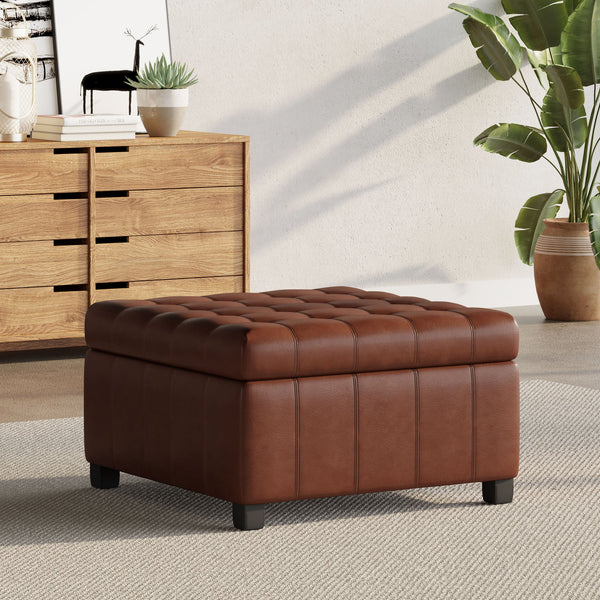 English Elm Christopher Knight Home® - ISABELLA Ottoman with Faux Leather Button-Tufted Top, Hidden Storage & Soft-Close Hinges for Home Comfort Light Brown 74567.00