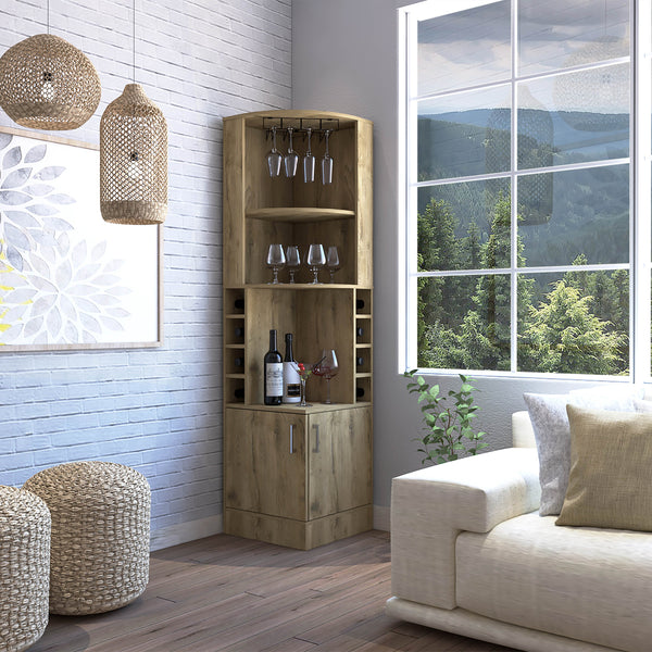 English Elm Corner Bar Cabinet Papprika Aged Oak Beige – Corner Liquor Storage with 8 Cubbies, Display Shelf, Compact Stylish Organizer B092142790