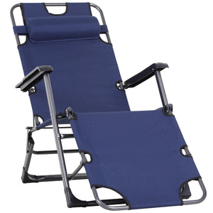 English Elm Tanning Chair with Adjustable 120°–180° Recline, Folding Lightweight Metal Frame, Pillow & Pocket - Portable Outdoor Lounge for Pool, Beach, Camping, Up to 330 lb capacity Navy W2225142469