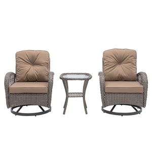 English Elm 3 Pieces Outdoor Swivel Rocker Patio Chairs Set with 360° Rotation, Tempered Glass Table & Plush Cushions khaki W640142462