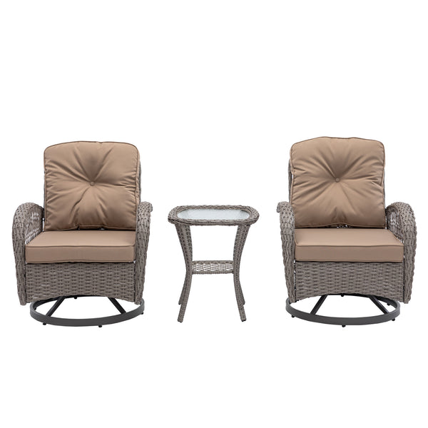 English Elm 3 Pieces Outdoor Swivel Rocker Patio Chairs Set with 360° Rotation, Tempered Glass Table & Plush Cushions khaki W640142462
