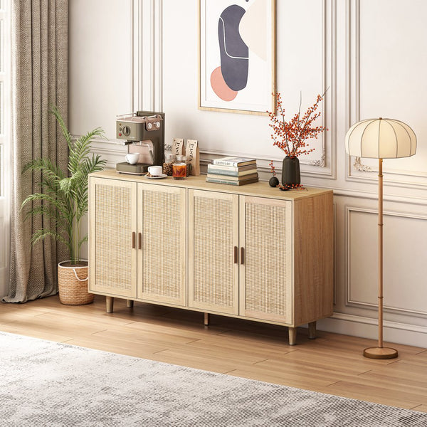 English Elm 62.20"Elegant Rattan 4-Door Storage Cabinet with Solid Wood Legs, 110lb Top, Stylish Organization W757133282
