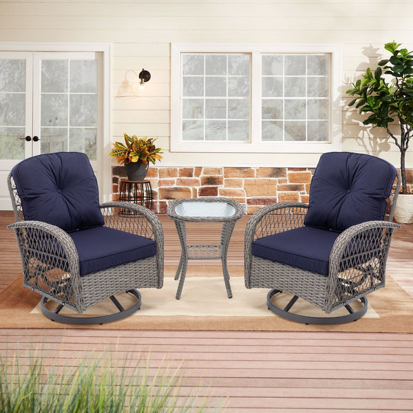 English Elm 3 Pieces Outdoor Swivel Rocker Patio Chairs Set with 360° Rotation, Tempered Glass Table & Plush Cushions Navy Blue W640142463