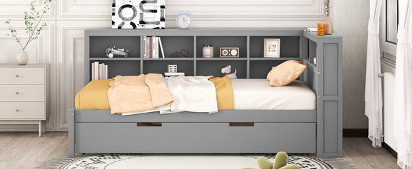 English Elm Wooden Twin Daybed with Trundle Storage Shelf and Usb Ports for Guest Rooms HL000074AAG