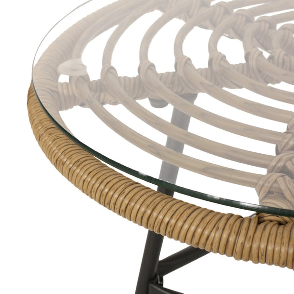 English Elm Orlando Outdoor Faux Rattan Side Table Tempered Glass Top for Deck or Porch 65038.00LBRN
