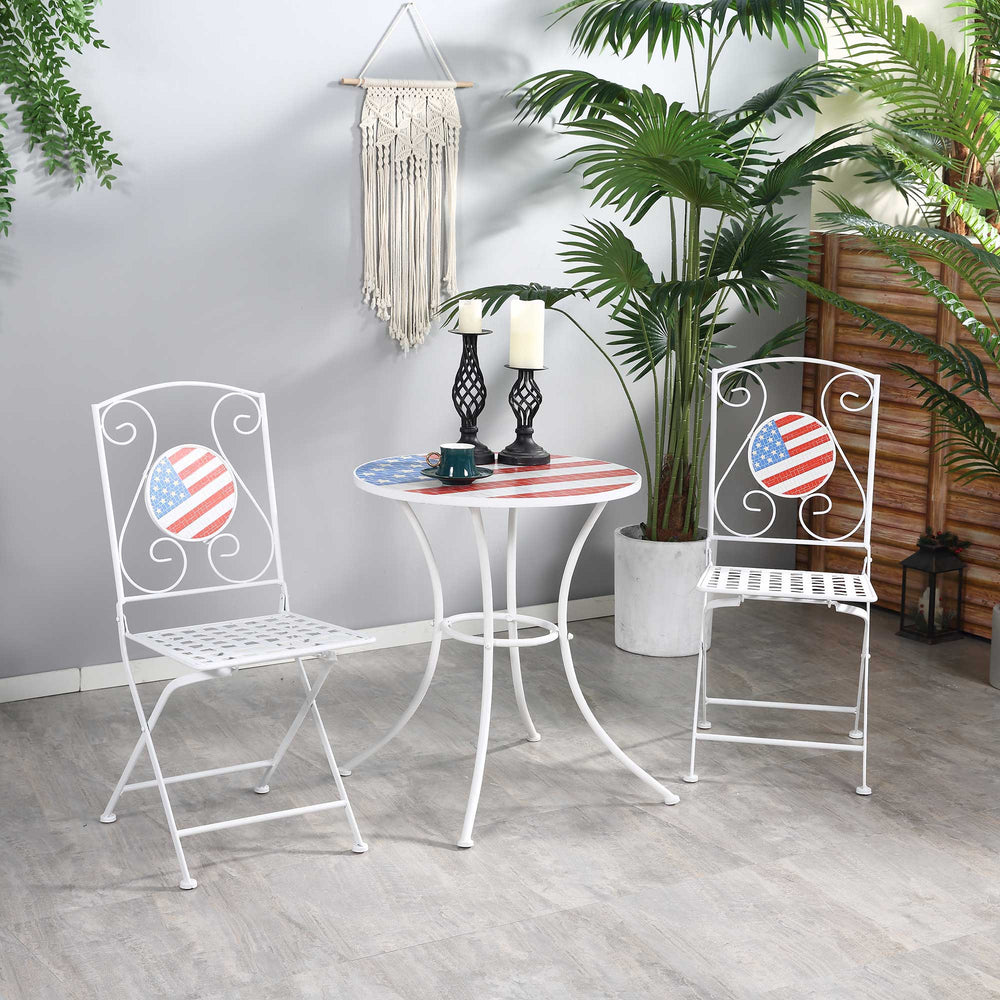 English Elm 3 Piece Patio Bistro Set Patriotic Folding Outdoor Furniture with USA Mosaic Table, Durable Metal Frames W2225142611