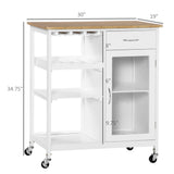 English Elm Rolling Kitchen Island With Storage, Kitchen Cart With 4-Bottle Wine Rack, Bar Cart With Stemware Holder, Shelves, Drawer and Cabinet, White