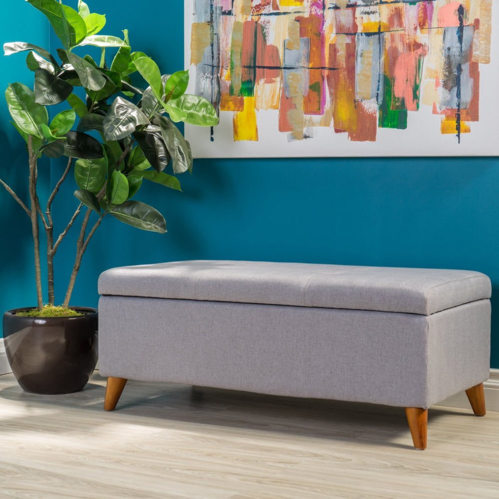 English Elm Storage Ottoman Bench with Lift Top Grey Upholstered Rolled Arm Traditional Style 74491.00LGY