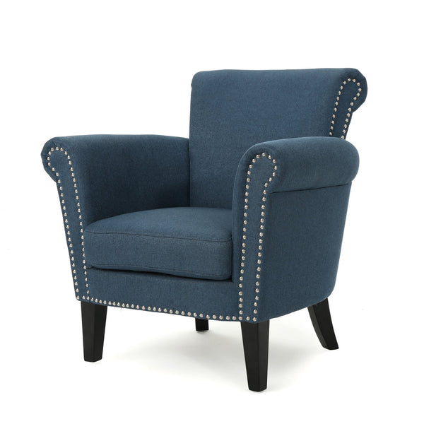 English Elm Christopher Knight Home® - CLUB Chair with Curved Silhouette and Nailhead Trim — Upholstered Luxury Accent Seat with Birch Legs Navy Blue 31.5 L x 24.75 W x 23 H 60841.00NBL