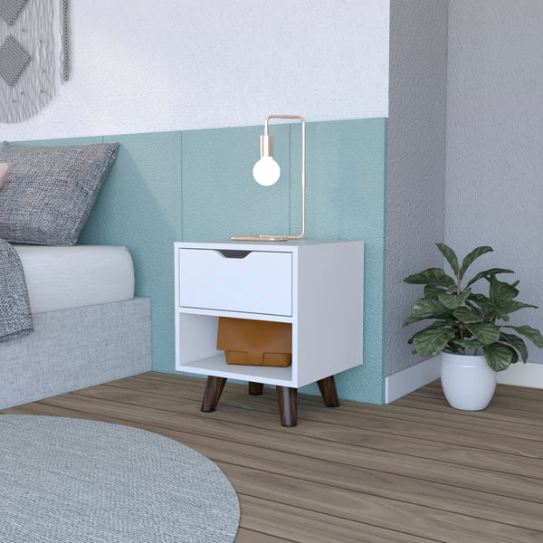 English Elm Nightstand Carleen White — Engineered Wood Nightstand with Spacious Drawer, Display Shelf & Wooden Legs B092142791