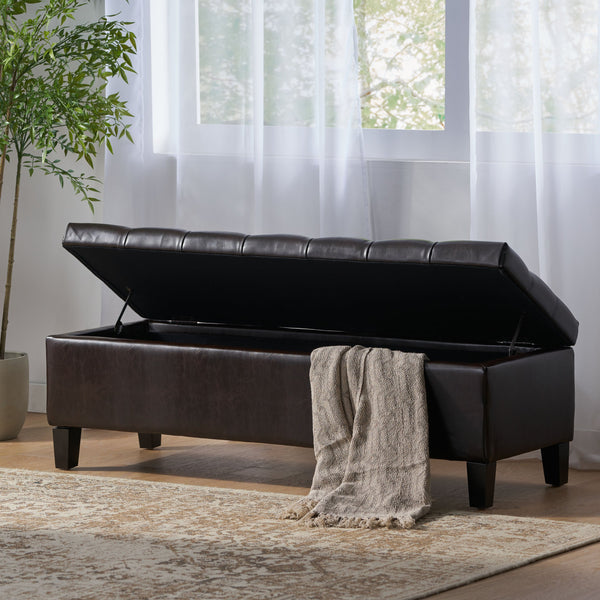 English Elm Christopher Knight Home® - Ottoman Bench with Storage, Button-Tufted PU Upholstery, Diamond Stitching, Rubber Wood Legs, 300 lb Capacity 59337.00PU