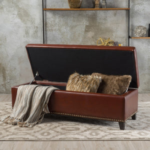 Christopher Knight Home® - Noble House - Gavin Contemporary Storage Ottoman with Nailhead Trim, Chestnut Brown