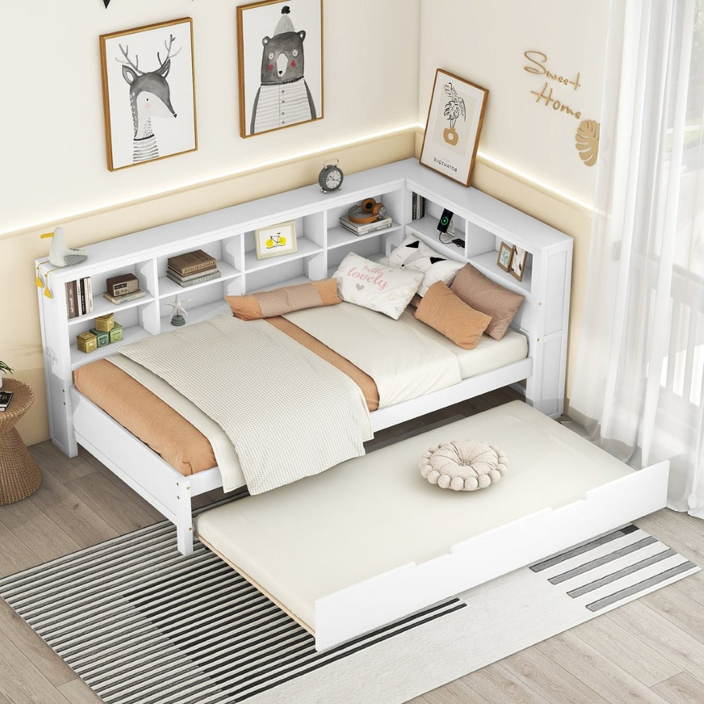 English Elm Wooden Twin Daybed with Storage Drawers Usb Charging Shelf and Pine Frame N733S347509K
