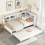 White Twin Daybed with Trundle, Storage Shelf, USB Ports - Wooden Twin Size