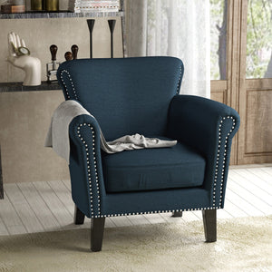 English Elm Christopher Knight Home® - CLUB Chair with Curved Silhouette and Nailhead Trim — Upholstered Luxury Accent Seat with Birch Legs Navy Blue 31.5 L x 24.75 W x 23 H 60841.00NBL