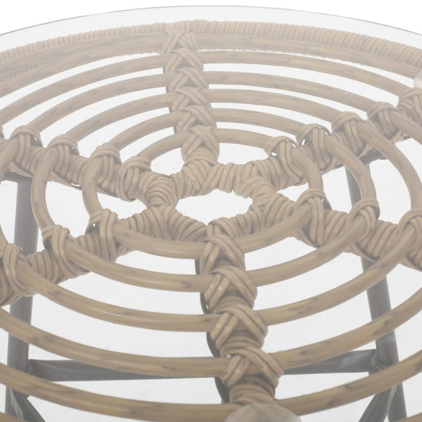 English Elm Orlando Outdoor Faux Rattan Side Table Tempered Glass Top for Deck or Porch 65038.00LBRN