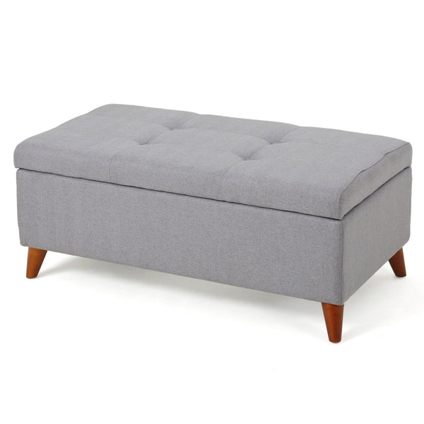 English Elm Storage Ottoman Bench with Lift Top Grey Upholstered Rolled Arm Traditional Style 74491.00LGY