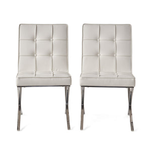 English Elm Christopher Knight Home® - PAVILION Dining Chair Set of 2 with Button-Tufted Waffle Stitching and Polished Silver X-Leg Base White 59927.00WHI