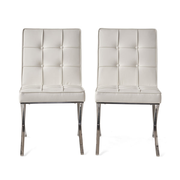 English Elm Christopher Knight Home® - PAVILION Dining Chair Set of 2 with Button-Tufted Waffle Stitching and Polished Silver X-Leg Base White 59927.00WHI