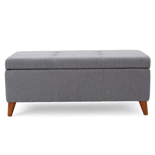 English Elm Storage Ottoman Bench with Lift Top Grey Upholstered Rolled Arm Traditional Style 74491.00GRY